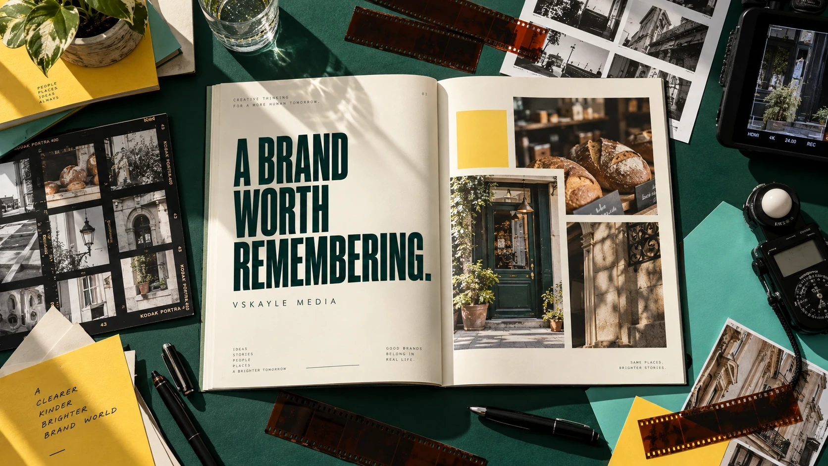 VSkayle creative concept: an open magazine, film contact sheets and a production worktable.